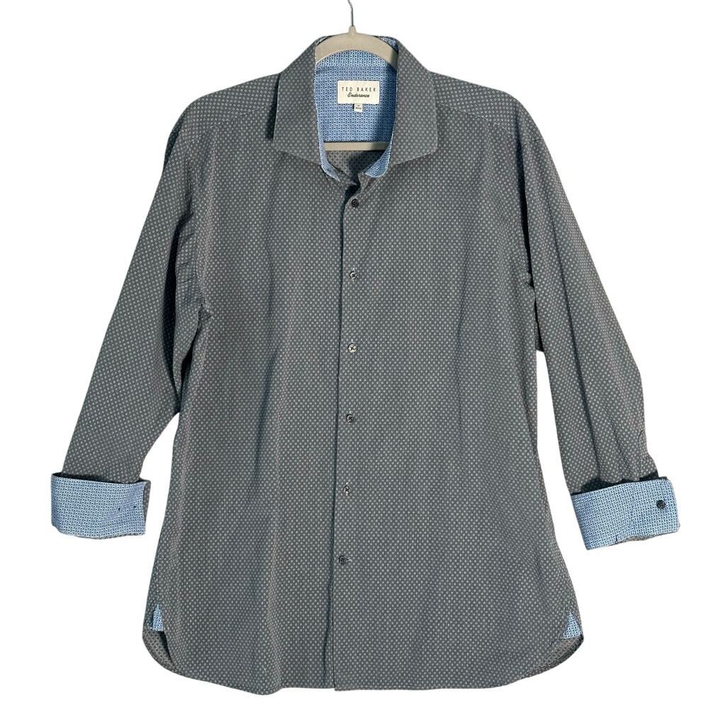 Ted Baker Endurance Dress Shirt Mens 17 32/33 Gray Blue Geometric Micro Print